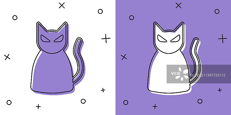 设置黑猫图标孤立在白色和紫色图片素材