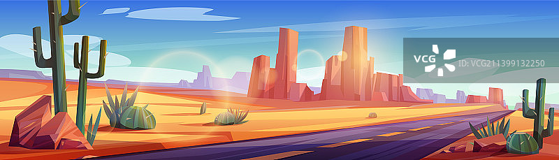 道路在沙漠景观与岩石和仙人掌图片素材