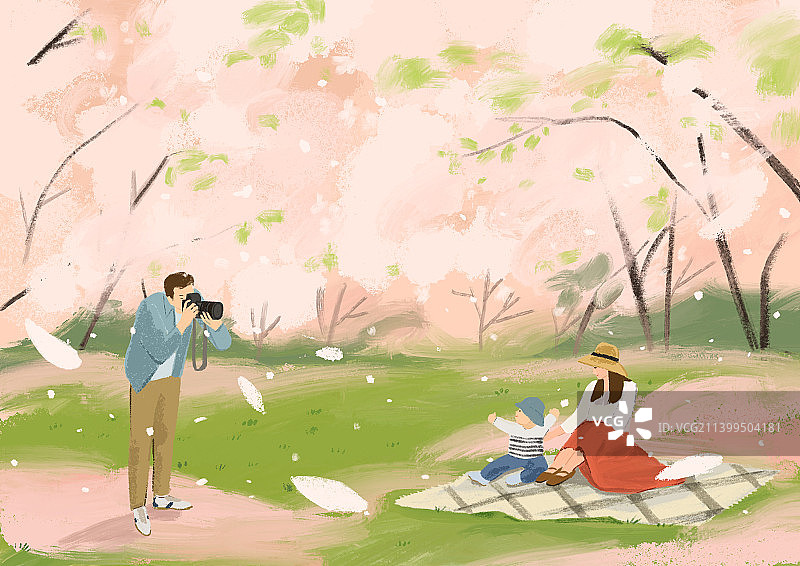 一家三口樱花林拍照郊游野餐玩耍手绘插画图片素材