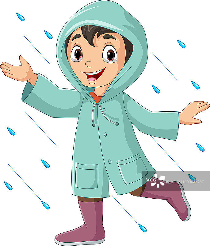 穿着雨衣和靴子的卡通小男孩图片素材