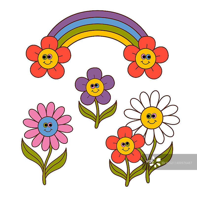 一套孤立的有趣的花和彩虹图片素材