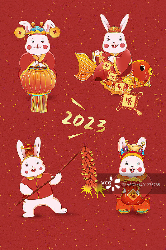 2023年兔年春节贺岁图 一群穿红衣服的小兔子们图片素材