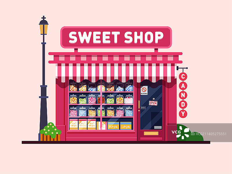 扁平风街道商店红色糖果屋建筑插画图片素材