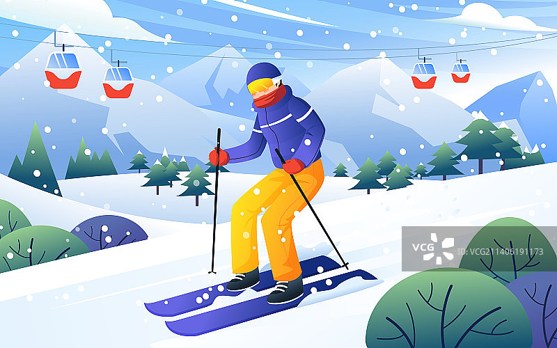 传统节气立冬滑雪运动矢量插画海报图片素材