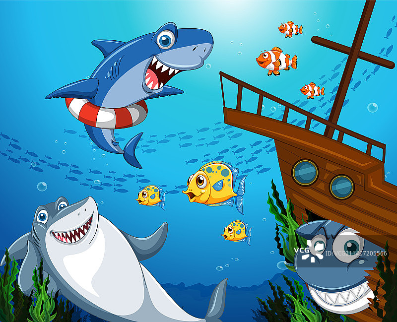 卡通人物鲨鱼水下场景图片素材
