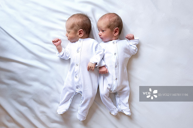 刚出生的双胞胎在床上，在父母的怀里，白色的背景生活风格，巴塞罗那，西班牙图片素材