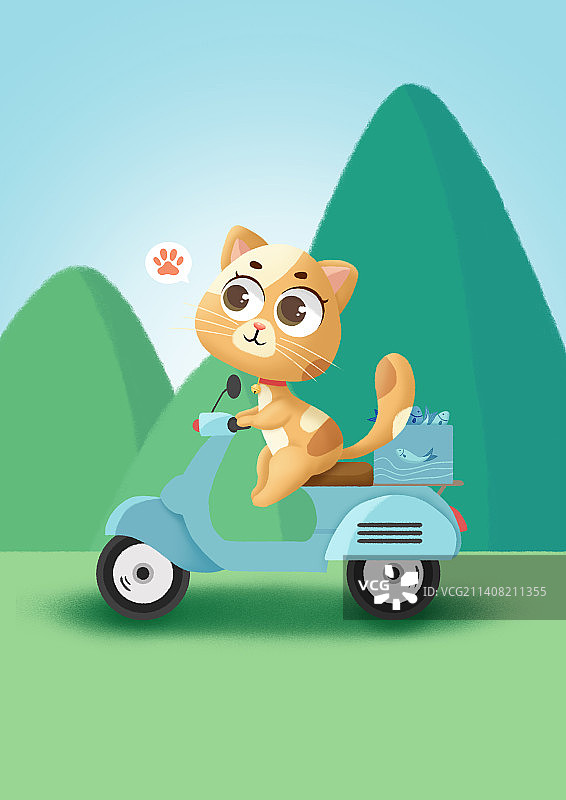 骑着电瓶车载着一筐鱼的开心的小猫图片素材
