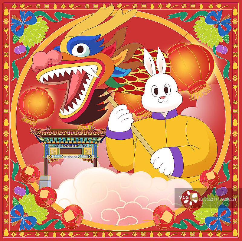 中国风新中式国潮风2023年兔年兔子新年新春春节过年过节传统节日插画图片素材
