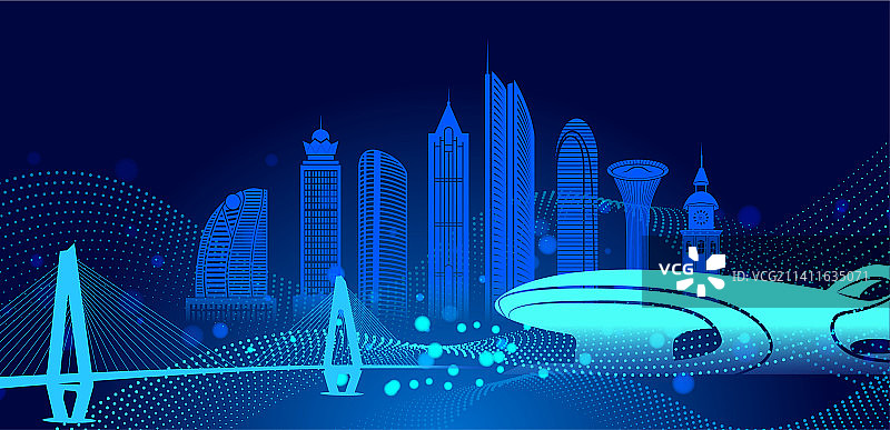 中国海南省海口市科技城市夜景矢量插画图片素材