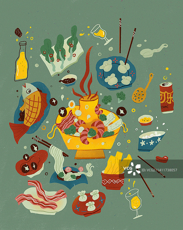 热闹的吃火锅美食装饰性扁平风静物插画图片素材