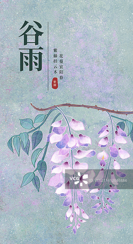 二十四节气谷雨海报肌理岩彩风格植物系列紫藤花图片素材