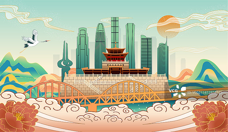 中国山东济南城市复古国风海报插画图片素材
