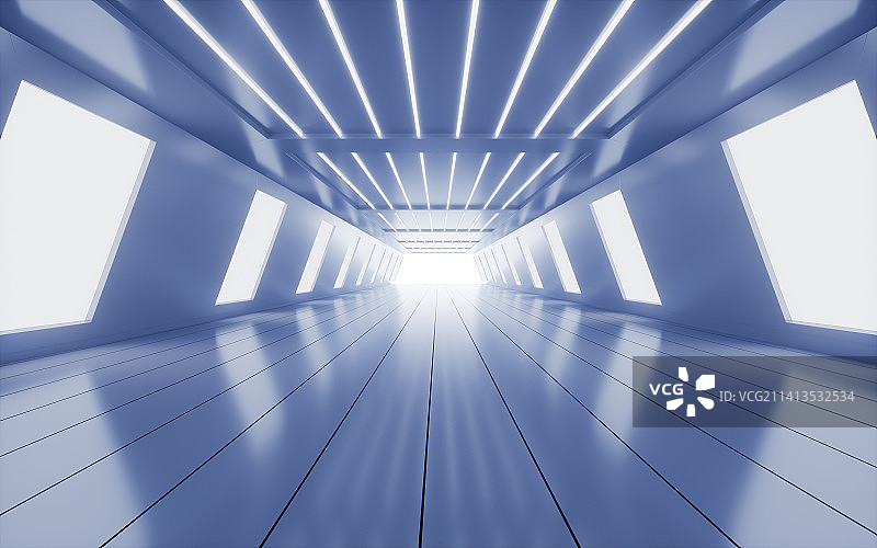 蓝色科技感的空间隧道3D渲染图片素材