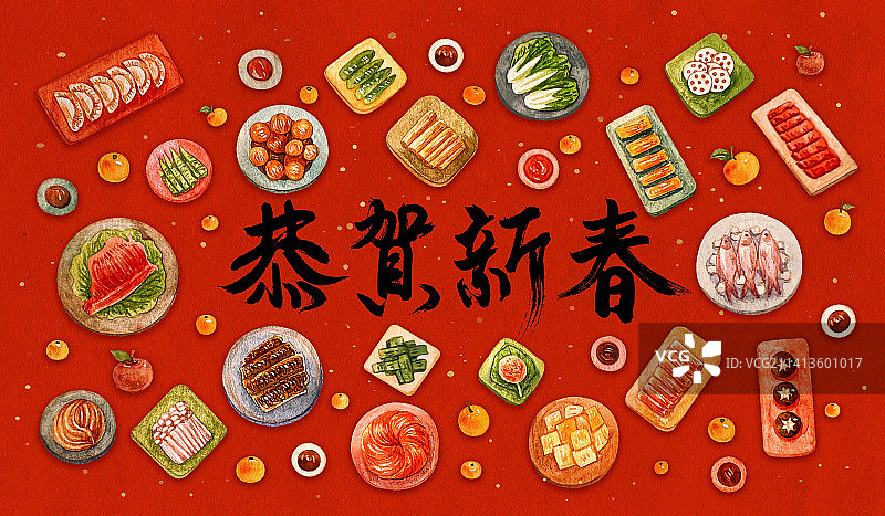 除夕年夜饭团圆饭食物新年插画图片素材