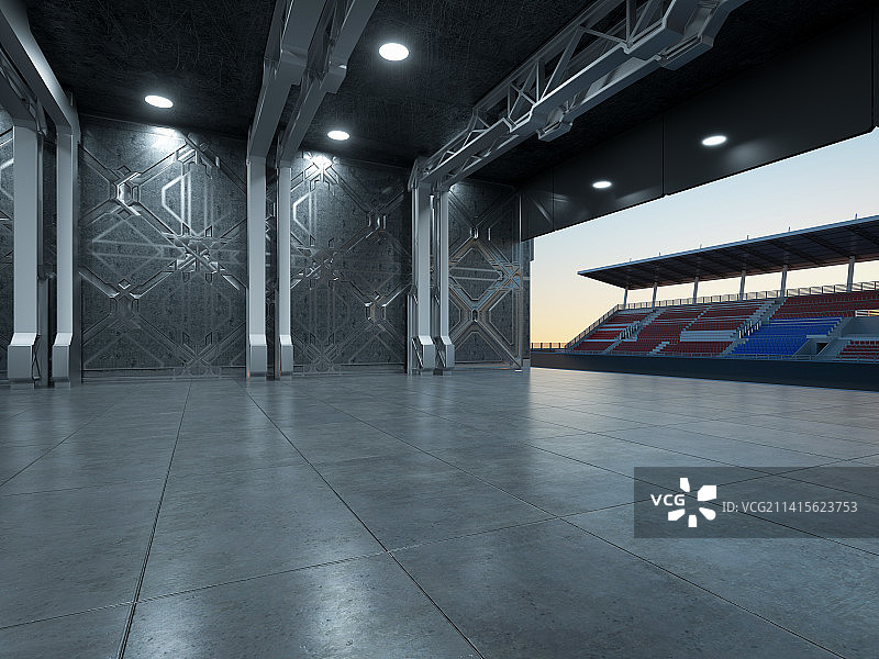 三维渲染赛车场和未来感金属仓库图片素材
