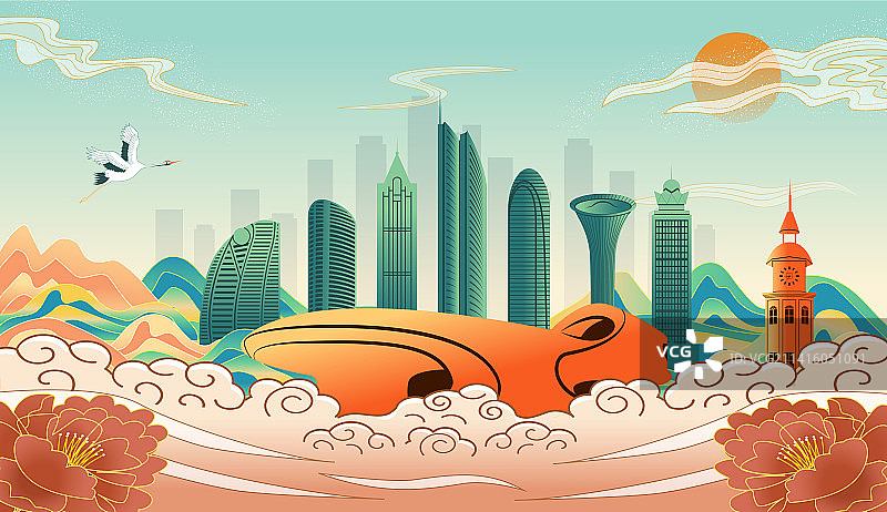 中国海南省海口市城市国风海报插画图片素材