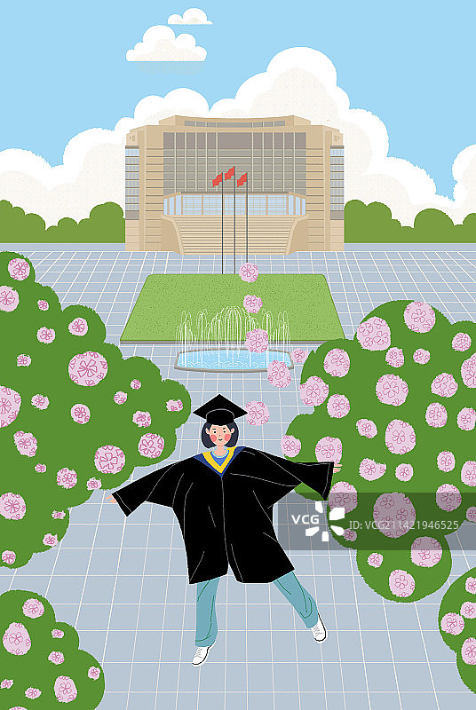 一个穿学士服的毕业生女孩欢快跳起的插画图片素材