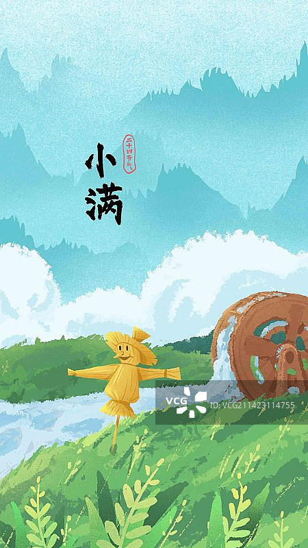 中国风传统文化小满节气传统农田水车禾穗田野图片素材