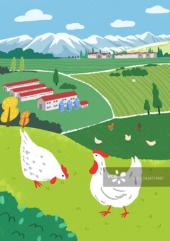 雪山下的有机农场牧场养鸡场图片素材