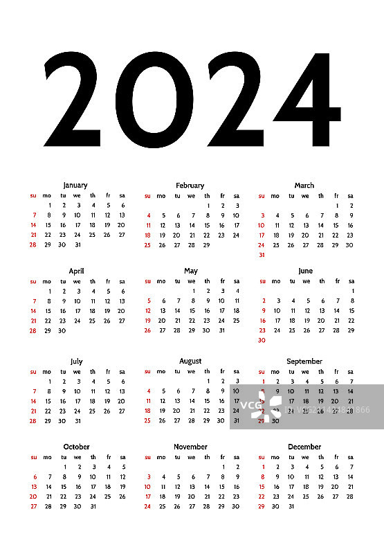 2024年的日历被隔离在白色背景上图片素材