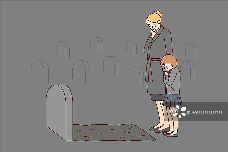 抑郁的女人和孩子在墓碑前哭泣图片素材
