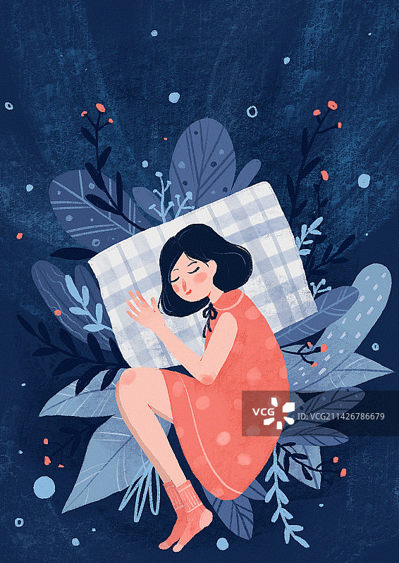 世界睡眠日蓝色夜晚女孩睡觉插画封面海报图片素材