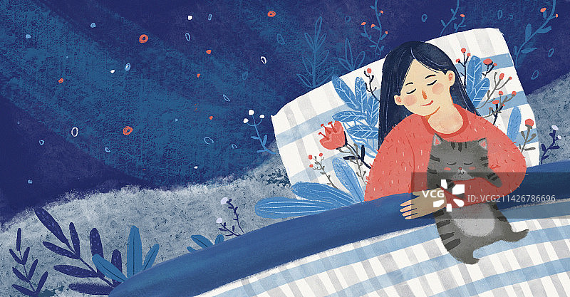 世界睡眠日蓝色夜晚女孩抱着猫睡觉插画封面海报图片素材