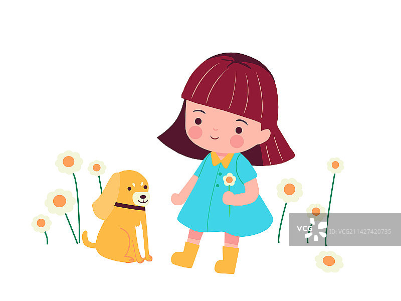 小女孩和小狗在草地上玩耍 手绘矢量插画图片素材