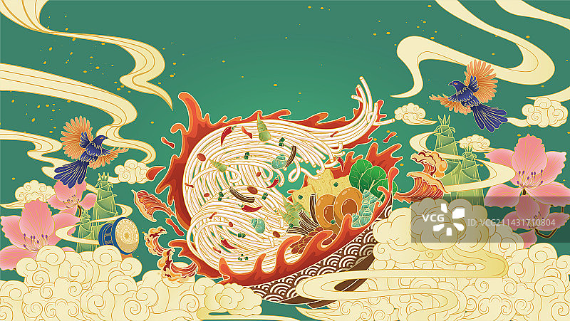 中国风手绘插画柳州螺蛳粉礼盒包装海报图片素材