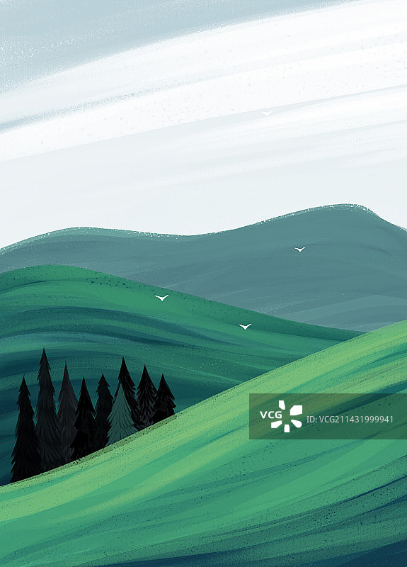 夏天晴朗的天空鸟在飞大地山坡绿色风景插画图片素材
