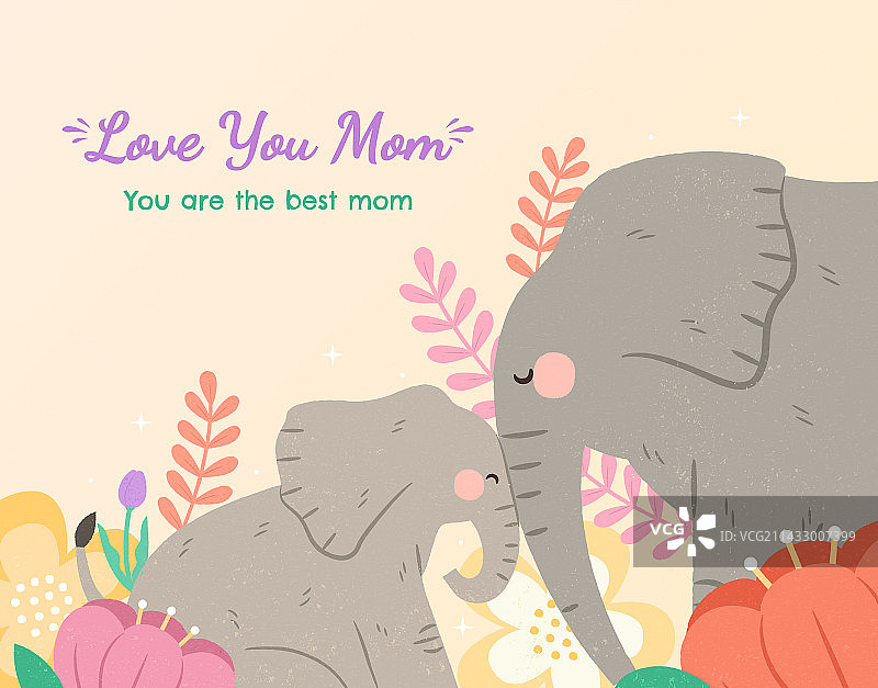 温馨母亲节插画海报 大象妈妈与宝宝互动图片素材