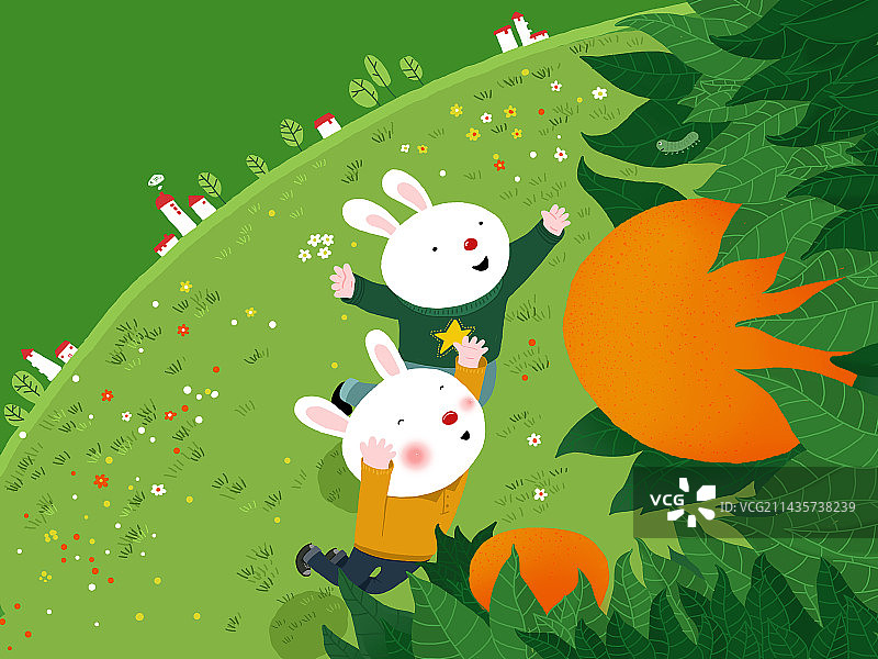 插画：小兔子在果树林里摘橘子图片素材