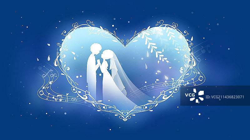 音符下，爱心中，深蓝色唯美浪漫创意情人节插画图片素材
