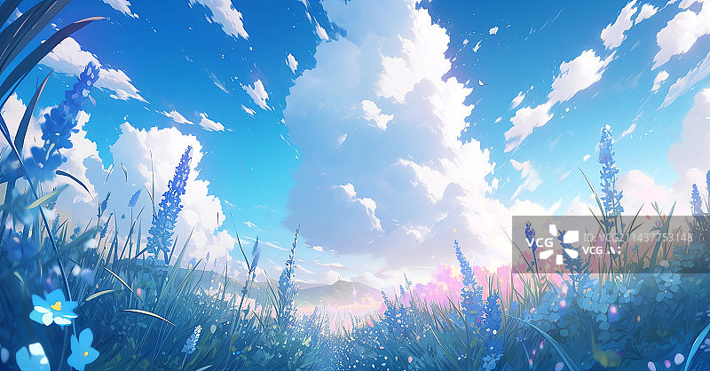 【AI数字艺术】横构图晴空下的草地上开满蓝色的野花图片素材
