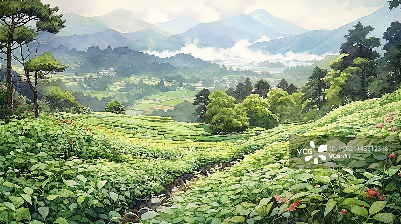 【AI数字艺术】水彩风格茶园茶山手绘插画图图片素材