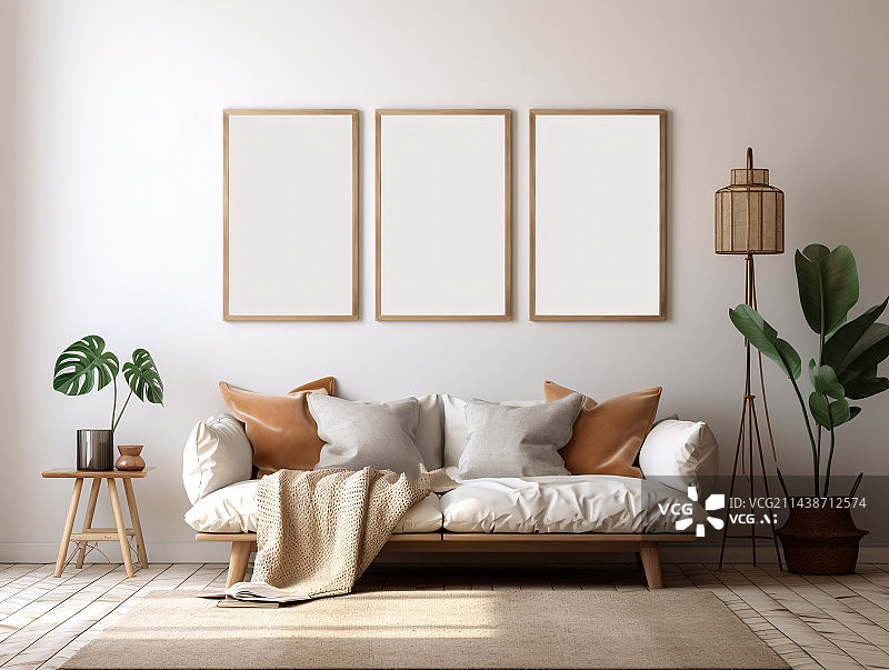【AI数字艺术】现代客厅三维渲染，水平木制海报框架模型。图片素材