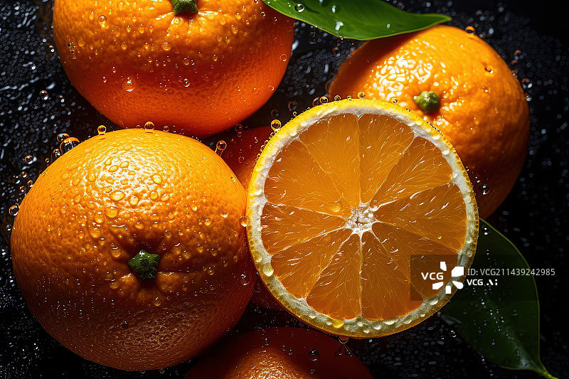 【AI数字艺术】新鲜带有水珠的的橙子切面图片素材