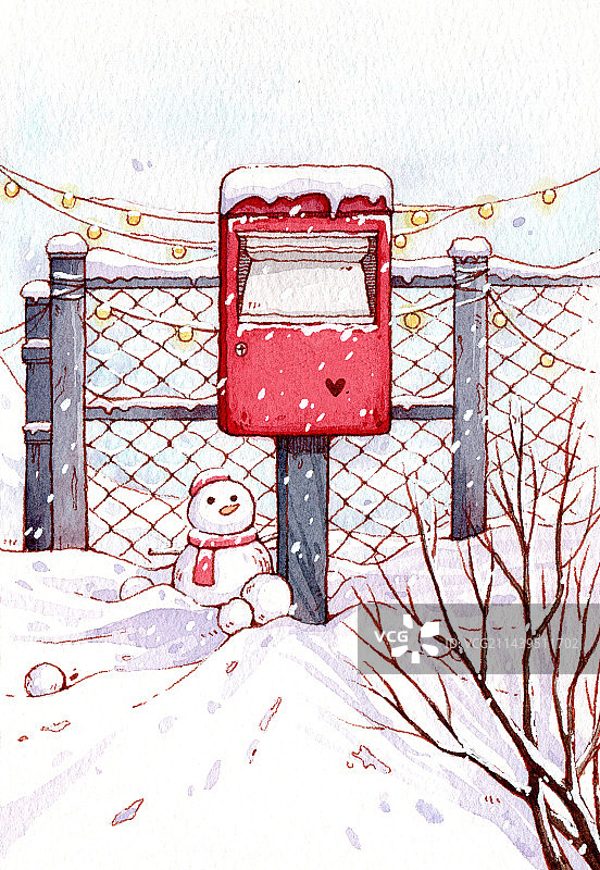 冬天雪人邮筒手绘水彩治愈系插画图片素材