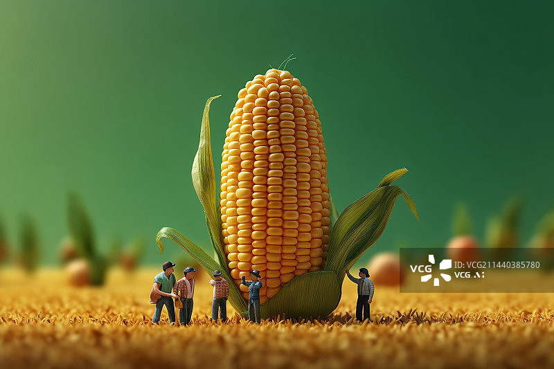 【AI数字艺术】微缩世界工人在搬运玉米，农民丰收插画图片素材