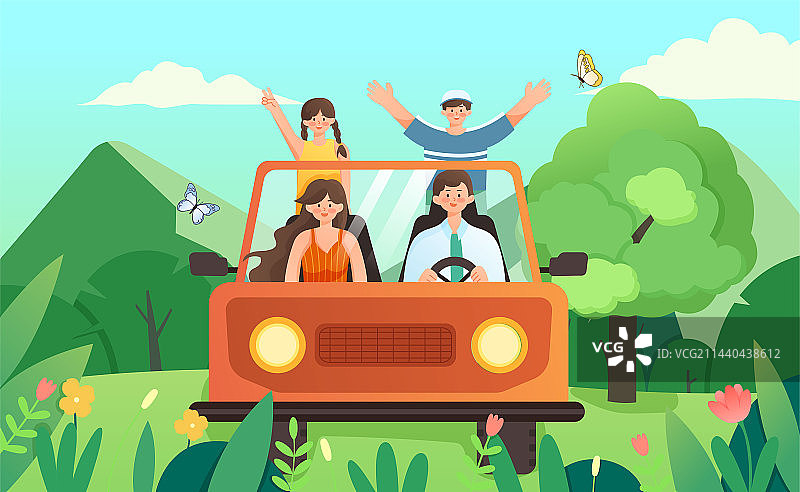 一家人自驾游去户外露营插画图片素材