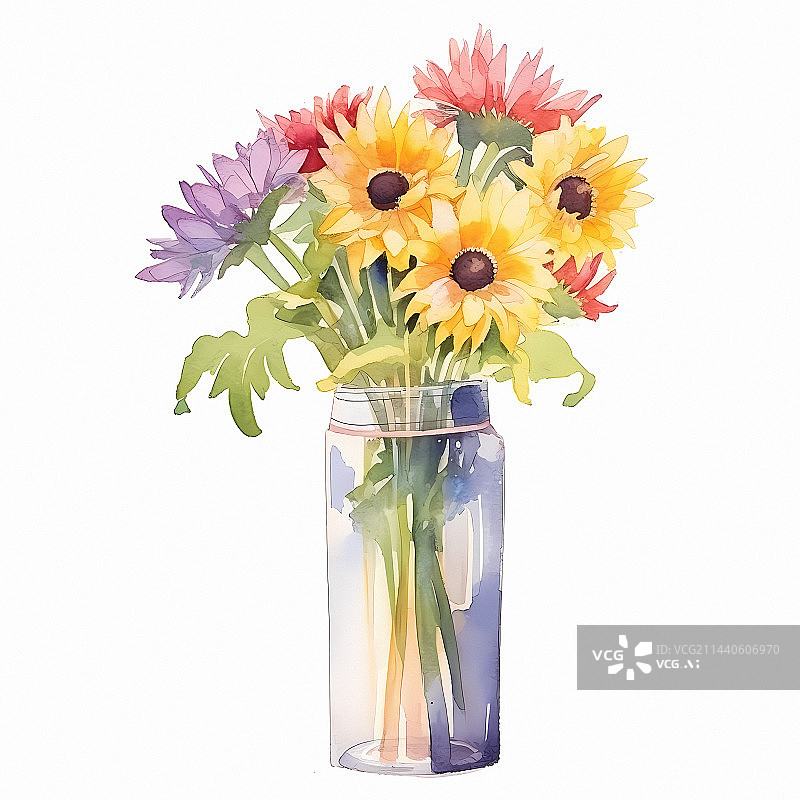 【AI数字艺术】一束水彩风格的花瓶图片素材