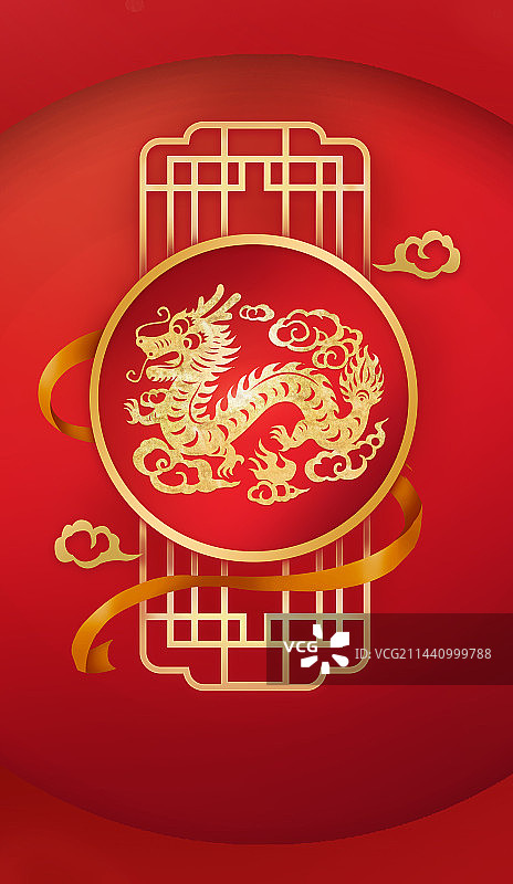 龙年春节剪纸风红色背景插画图片素材