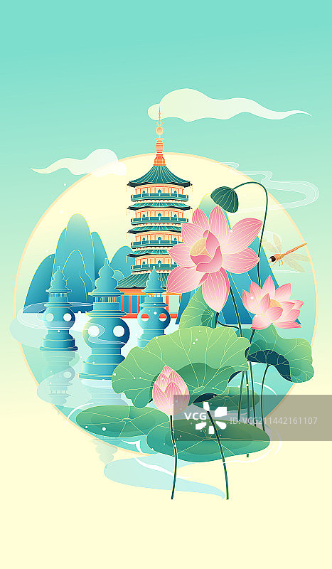 国风杭州西湖美景插画海报图片素材