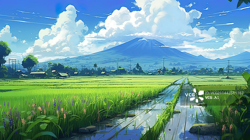 【AI数字艺术】水彩风格稻田水稻风景插画图图片素材