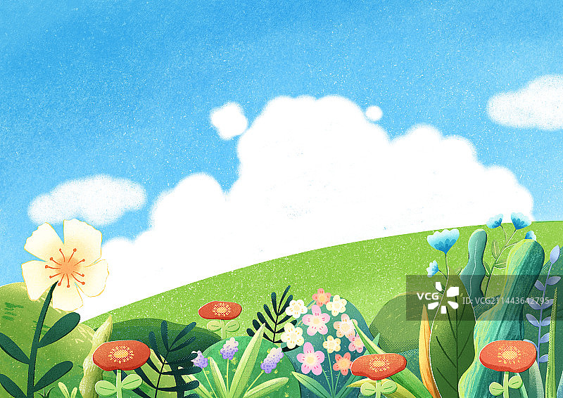 春天蓝天白云下的花朵插画图片素材