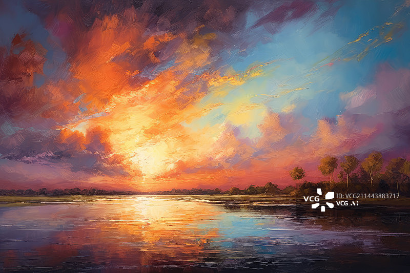 【AI数字艺术】油画风格的海洋和火烧云晚霞图片素材