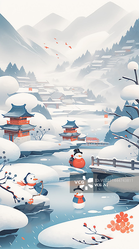 【AI数字艺术】冬天山水风景插画图片素材
