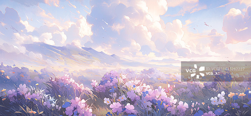 【AI数字艺术】浪漫紫色花海蓝天白云风景水彩插画图片素材