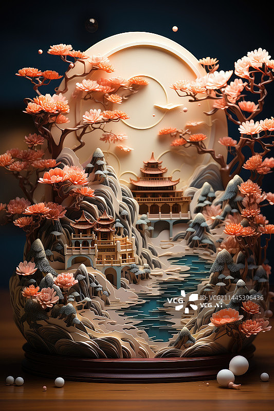 【AI数字艺术】中国传统山水画剪纸渲染风格图片素材