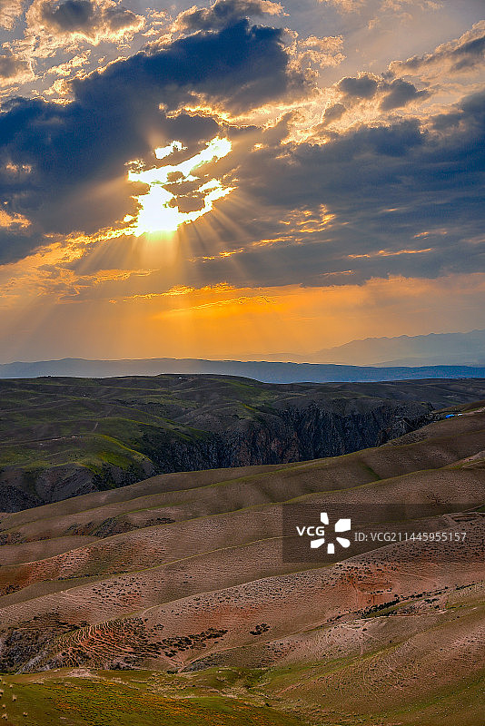 夕阳照耀下的新疆伊利喀拉峻高山草原图片素材